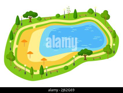 Illustrazione del bellissimo parco estivo o primaverile della città. Spazio pubblico urbano con lago, prato e alberi per passeggiate e relax. Illustrazione Vettoriale