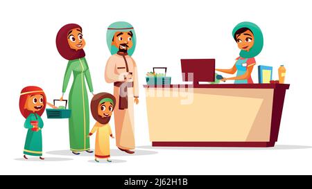 Famiglia musulmana al banco cassa illustrazione vettoriale di Arabia Saudita uomo e donna in khaliji, hijab con bambini e supermercati cesti di shopping. Illustrazione Vettoriale