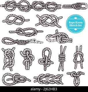 La fune nodi il set di schizzi con attacchi e piegature diverse immagine vettoriale isolata con sfondo bianco Illustrazione Vettoriale