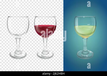 Wineglass 3D vettoriale illustrazione di stoviglie realistiche per il vino. Set di modelli di dima per vetro o vetri trasparenti isolati per DR alcolico Illustrazione Vettoriale