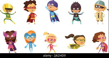 Bambini che indossano costumi colorati di diversi supereroi retro set isolato su sfondo bianco illustrazione vettoriale cartoon Illustrazione Vettoriale