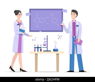 Chimici in laboratorio illustrazione vettoriale di scienziati uomo e donna o studenti di ragazzo e ragazza che discutono di formule in lavagna. Persone o medici i Illustrazione Vettoriale