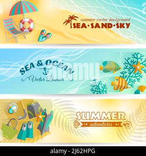 Mare spiaggia estate vacanze avventure bandiere orizzontali set con nuoto ed accessori subacquei illustrazione vettoriale isolata astratta Illustrazione Vettoriale