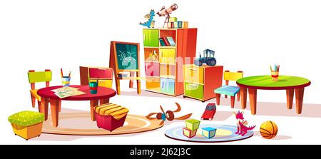 Arredamento d'interni per asilo illustrazione vettoriale di cassettiere per bambini in preschool per giocattoli, tavolo con matite per disegno e sedie morbide per bambini Illustrazione Vettoriale