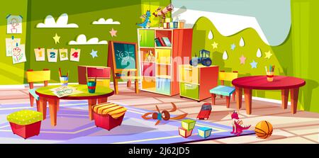 Illustrazione vettoriale interna dell'asilo o della stanza del bambino. Sfondo vuoto di cartoni animati con giocattoli, tavoli o sedie morbide per bambini e cassettiere o matite per Illustrazione Vettoriale