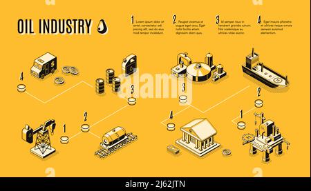 Industria petrolifera, componenti del processo di produzione petrolifera, concetto vettoriale isometrico. Estrazione e raffinazione di petrolio, trasporto di combustibile da Illustrazione Vettoriale