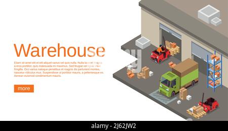 Rappresentazione vettoriale isometrica 3D del magazzino e del trasporto logistico per il sito web o modello infografico. Progettazione isometrica del magazzino, Illustrazione Vettoriale