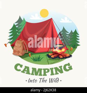 Camping illustrazione con estate foresta cartoon stile composizione rotonda con immagini dello zaino tent campfire e illustrazione vettoriale del testo Illustrazione Vettoriale