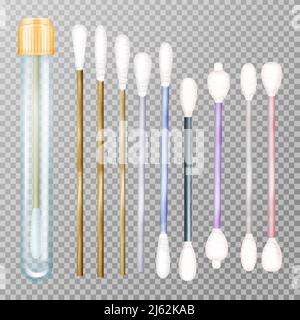 Bastoncini di cotone illustrazione vettoriale su bastoncini di plastica o legno 3D realistici. Set isolato per la pulizia delle orecchie, cosmetici o DNA e mi medico Illustrazione Vettoriale