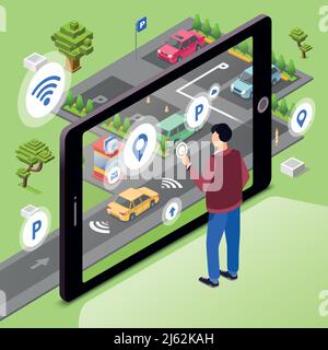 Illustrazione del vettore di parcheggio intelligente. Utente uomo con smartphone touch screen controlla la guida dell'auto al parcheggio tramite connessione Internet di Smart techn Illustrazione Vettoriale