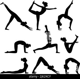 Set di silhouette di posture yoga. Donna che fa yoga e pilates esercizi. Stile di vita sano. Allenamento, illustrazione vettoriale Illustrazione Vettoriale