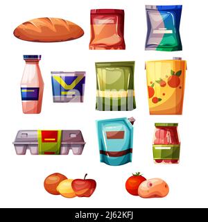 Prodotti alimentari da supermercato o negozio vettore illustrazione. Set isolato di pane, latte o yogurt bottiglia, uova in scatola scatola scatola confezione, ketchup, può Illustrazione Vettoriale