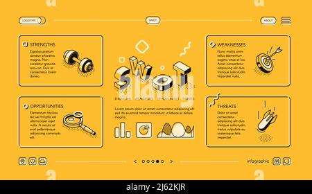 Analisi SWOT illustrazione vettoriale aziendale in design isometrico a linee sottili su sfondo giallo a mezzitoni. Diagramma modello grafico della gestione aziendale Illustrazione Vettoriale