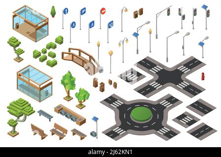 Strada del traffico cittadino isometrica 3D vettoriale illustrazione del semaforo, indicazioni per il trasporto. Icone isolate del costruttore isometrico della panchina cittadina, Illustrazione Vettoriale