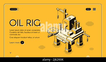 Illustrazione vettoriale della piattaforma offshore di piattaforme petrolifere su linee isometriche su sfondo giallo mezzitoni. Mare o oceano petrolio e gas industria derrick Illustrazione Vettoriale