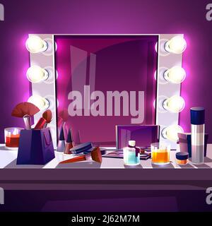Specchio per trucco quadrato con lampada, cartoon vettoriale illustrazione moderna cornice in argento con illuminazione realistica per attore e moda di bellezza Illustrazione Vettoriale