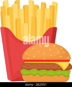 Deliziosi hamburger appetitosi e patatine fritte isolate su sfondo bianco, illustrazione vettoriale Illustrazione Vettoriale