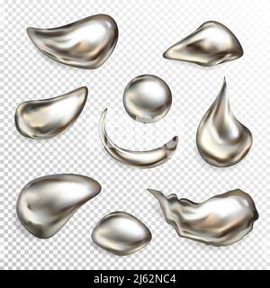 Gocce d'argento metallico illustrazione vettoriale di 3D liquido realistico Quicksilver con texture perlata. Forme astratte isolate di sfera cromata e metallica Illustrazione Vettoriale