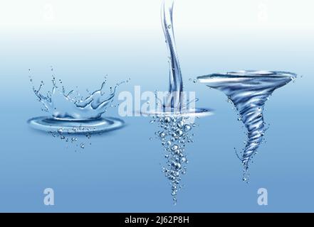 Spruzzare la corona con gocce e onde sulla superficie dell'acqua pura, cadere o versare con bolle d'aria flusso liquido e Whirlpool 3d vettore realistico. Pulizia fr Illustrazione Vettoriale