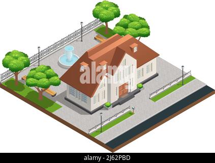 Composizione isometrica con casa suburbana e grande cantiere pulito con alberi di fontana e panchine su sfondo bianco illustrazione vettoriale Illustrazione Vettoriale