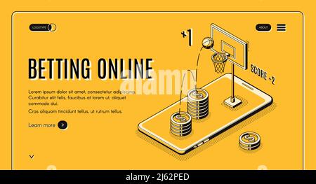 Scommettere su sport linea arte, vettore isometrico banner web o modello di sito web. Vincite del giocatore online o profitto sulla partita di basket. Internet Bo Illustrazione Vettoriale