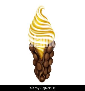 Cialda di uova di Hong Kong con panna montata ripiena di bolle o gelato con vettore realistico caramello isolato su sfondo bianco. Popolare snack di strada, Illustrazione Vettoriale