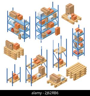 Scaffali metallici per magazzino isometrico vettoriale, scaffali per stoccaggio, scaffali con set scatole per spedizione in cartone. Attrezzatura Storehouse, illustrazione Illustrazione Vettoriale