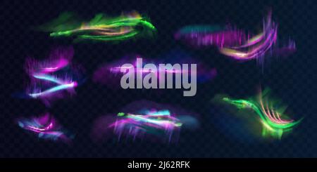 Insieme di luci polari o settentrionali luminose e luminose in atmosfera vettore realistico su sfondo trasparente. Aurora Borealis fenomeno naturale. Raccogli Illustrazione Vettoriale