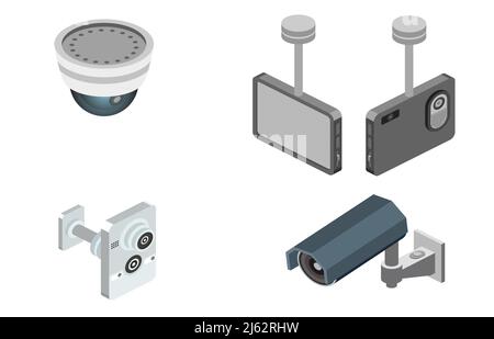 Illustrazione vettoriale degli allarmi di sicurezza e del sistema di sorveglianza TVCC. Set isolato di videocamere digitali con sensori a infrarossi per la sicurezza domestica o di proprietà Illustrazione Vettoriale