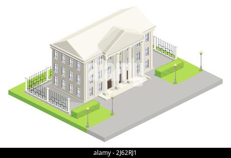 Illustrazione vettoriale isometrica del municipio o della casa del parlamento. Architettura moderna isolata con classica facciata bianca di banca o corte w Illustrazione Vettoriale