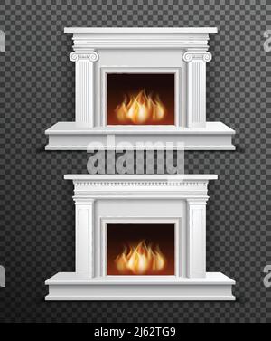 Set di 2 moderni caminetti a legna da interno bianchi, uno sotto un'altra illustrazione vettoriale su sfondo trasparente nero Illustrazione Vettoriale