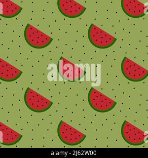 Semplice motivo Watermelon senza cuciture. Fette di anguria e semi su sfondo verde. Realizzato in vettore. Illustrazione Vettoriale