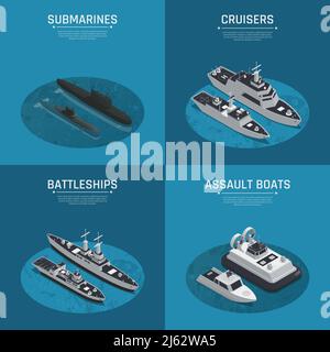 Quattro barche militari quadrate icona isometrica con crociere sottomarine descrizione di corazzate e imbarcazioni d'assalto illustrazione vettoriale Illustrazione Vettoriale