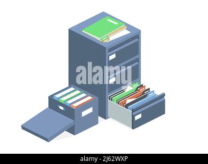 Illustrazione vettoriale del cabinet dei documenti e del box di archiviazione dei file. Contenitore isolato di cartone per la conservazione di cartelle isometriche e cabina in metallo Illustrazione Vettoriale