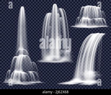 Set di cascate realistiche, tra cui torrenti a cascata di varie forme su sfondo trasparente immagine vettoriale isolata Illustrazione Vettoriale