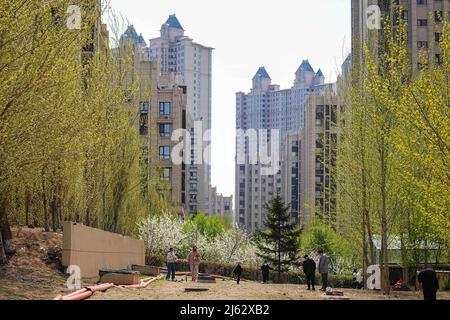 Changchun, la provincia cinese di Jilin. 27th Apr 2022. I residenti si esercitano all'aperto in un'area residenziale a Changchun, nella provincia di Jilin della Cina nord-orientale, il 27 aprile 2022. Changchun rimuoverà gradualmente la gestione chiusa in tutta la città a partire da aprile 28, e la città riprenderà la vita normale e la produzione in modo ordinato. Credit: Xu Chang/Xinhua/Alamy Live News Foto Stock