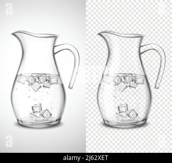 Caraffa in vetro con cubetti di ghiaccio e bolle su bianco e un'illustrazione vettoriale trasparente con sfondo isolato Illustrazione Vettoriale