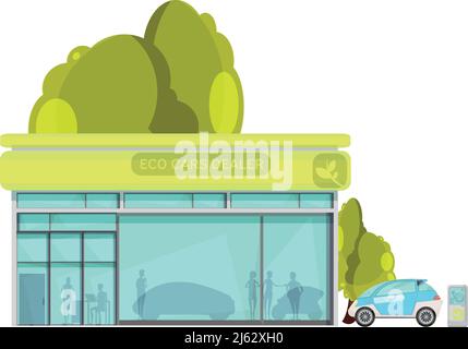 Flat design eco-friendly electro cars concessionario centro su bianco illustrazione vettoriale di sfondo Illustrazione Vettoriale