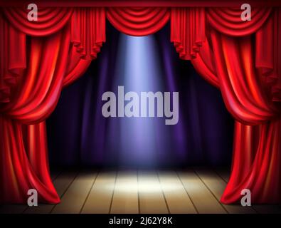 Palco vuoto con tende rosse aperte e fascio di luce del proiettore su pavimento in legno immagine vettoriale realistica. Concerto di musica dal vivo, spettacoli teatrali Illustrazione Vettoriale