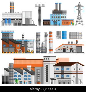 Edifici industriali Set ortogonale con tubi piatti isolati illustrazione vettoriale Illustrazione Vettoriale