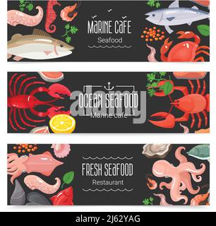 Fresco mare frutti di mare marina cafe 3 orizzontale lavagna banner collezione con le voci di menu colorate illustrazione vettoriale isolata Illustrazione Vettoriale