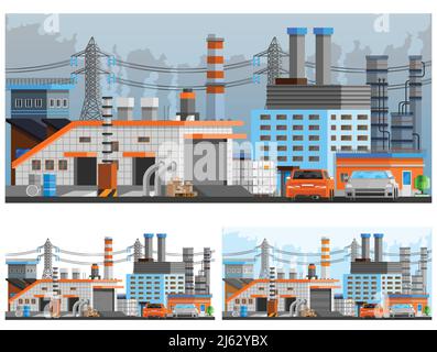 Le composizioni ortogonali degli edifici della fabbrica impostano un'illustrazione vettoriale isolata e piatta Illustrazione Vettoriale