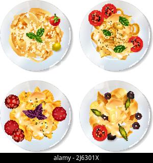 Deliziosi piatti di pasta con salsa pepperoni pomodori olive ed erbe set realistico isolato su sfondo bianco illustrazione vettoriale Illustrazione Vettoriale