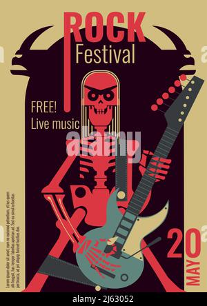 Musica rock live festival poster illustrazione vettoriale per l'ingresso gratuito placard al concerto rock. Modello di design dello scheletro della fascia basculante con gioco del cranio Illustrazione Vettoriale