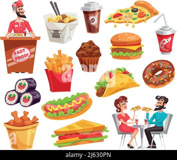 Fast food con operaio del ristorante e i clienti panini noodle zampe di pollo di patate bevande isolato vettore illustrazione Illustrazione Vettoriale