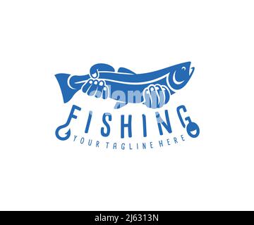 Pesca, pescatore o pescatore tenendo pesci, logo design. Attrezzatura da pesca, gancio e galleggiante, disegno vettoriale e illustrazione Illustrazione Vettoriale