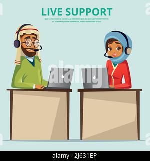 Vettoriale cartoon musulmano uomo arabo donna call center helpline postazione di lavoro. Maschio femmina ufficio arabo servizio di assistenza clienti operatore in hijab, headse Illustrazione Vettoriale