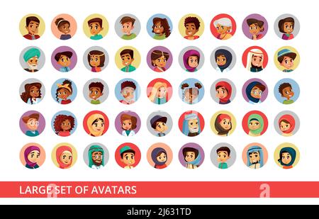 Social network utente avatar vettore cartoon illustrazione di persone e bambini nazionalità diversa. Set di nero Afro-americana donna e uomo arabo Illustrazione Vettoriale