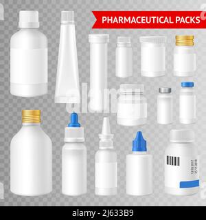 Soluzioni di confezionamento di qualità farmaceutica raccolta di immagini realistiche con vasi di plastica flaconi fiale provette sfondo trasparente vettore illustrazione Illustrazione Vettoriale