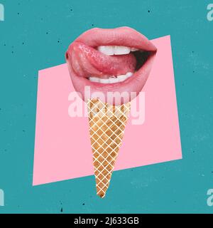 Collage d'arte contemporanea. Plump femmina labbra, bella bocca con lingua che si stacca sul cono gelato isolato su sfondo verde rosa Foto Stock